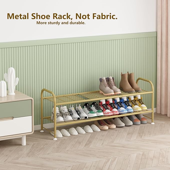 LINZINAR Shoe Rack Long 2 Tier Shoe Storage Organizer Metal Wide Shoe Shelf for Closet Entryway Bedroom 18 Paris Large Capacity, Gold