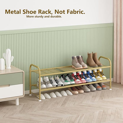 LINZINAR Shoe Rack Long 2 Tier Shoe Storage Organizer Metal Wide Shoe Shelf for Closet Entryway Bedroom 18 Paris Large Capacity, Gold