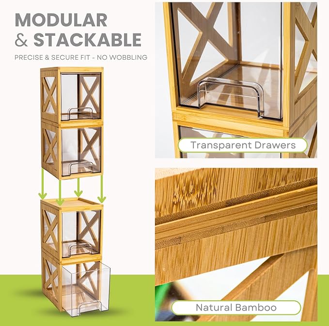 Stackable Bamboo Snack Drawer Organizer (2 Pack) – Pull-Out Storage Bins with Clear Acrylic Drawers – Pantry Storage for Snacks, Coffee Pods, Spices & K-Cups