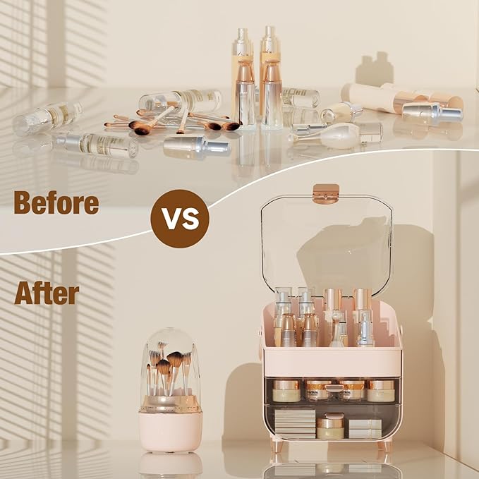 Makeup Organizer Countertop & 360° Rotating Makeup Brush Holder, Skincare Holder with Lid and Drawers, Storage Box Cosmetic Display Cases, Teen Girl Gifts, Vanity, Bathroom Counter, Pink
