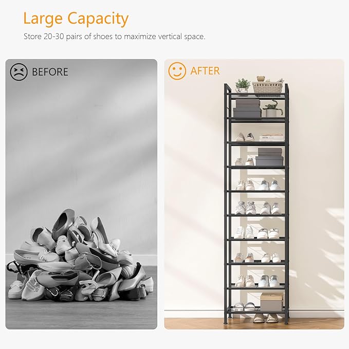usikey 10 Tiers Narrow Shoe Rack 20-30 Pairs, Sturdy Metal Tall Shoe Rack Shelf with 4 Hooks, Slim Shoe Storage with Metal Shelf, Space Saving Vertical Shoe Organizer for Entryway Black UNYXJX018H