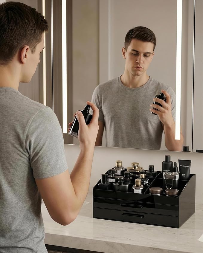 ProCase Cologne Organizer with Drawer, Acrylic Perfume Holder & Bathroom Countertop Organizer for Men & Women, Dresser Vanity Storage for Cologne, Perfume and Skincare -2 Layer