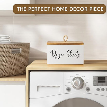 Wood Dryer Sheet Holder - Laundry Sheets Container with Lid - Farmhouse Laundry Room Organization and Storage for Laundry Room Decor and Accessories - Fabric Sheet Dispenser, White