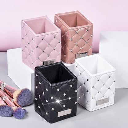 LORYP Makeup Brush Holder Crystal Brushes Cup Black PU Make up Brush Case Bag Storage for Women (Black)