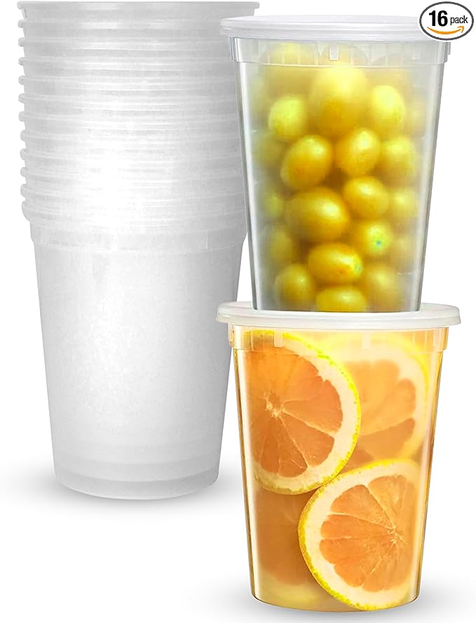 Deli Plastic Storage Containers with Lids [16 Sets] 32 Oz - Reusable Food Containers for Home & Business - Microwave & Freezer friendly - Dishwasher safe - Secure & Tight fitting Covers