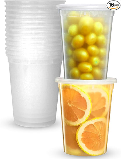 Deli Plastic Storage Containers with Lids [16 Sets] 32 Oz - Reusable Food Containers for Home & Business - Microwave & Freezer friendly - Dishwasher safe - Secure & Tight fitting Covers