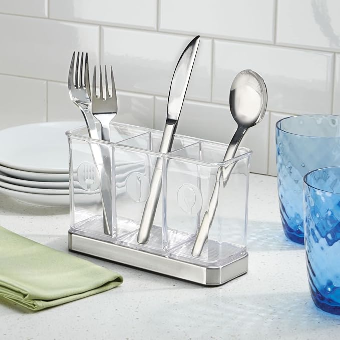 mDesign Cutlery Holder Modern Cutlery Basket for The Kitchen Table, Pantry or Cupboard Kitchen Storage with 3 Compartments Clear/Chrome