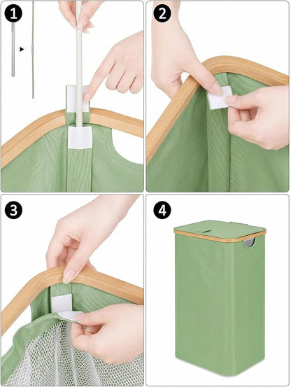 iEGrow Laundry Basket with Lid, 110L Large Laundry Hamper with Banboo Handle, Dirty Clothes Hamper with Removable Inner Bag for Laundry Room Organization- Green