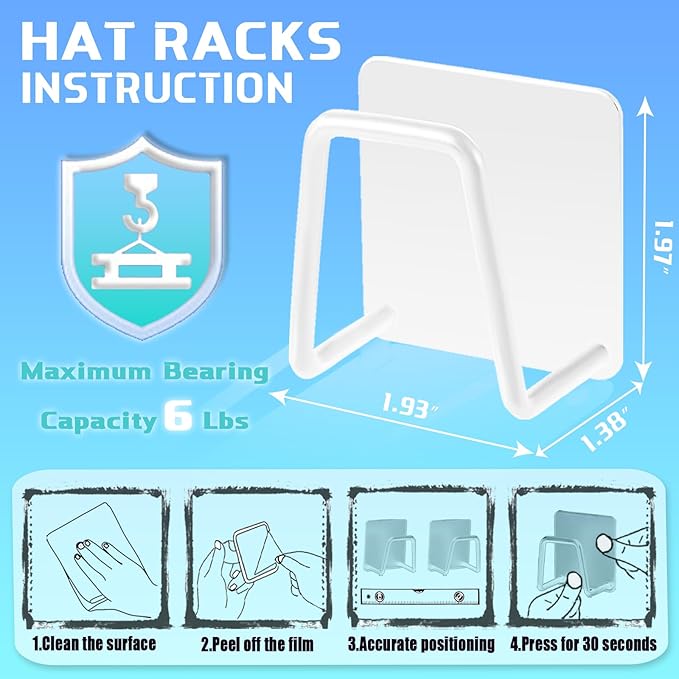 Hat Rack for Wall Hat Organizer (6-Pack), Metal Hat Racks for Baseball Caps, Adhesive Hat Hooks for Wall, No Drilling Hat Hangers for Closet Hat Holder Display, Sticky Hat Storage for Baseball Cap