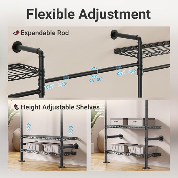 Timate F5 Expandable Wall Mounted Clothes Rack with 8 Adjustable Shelves & 4 Expandable Hanger Rods, Heavy Duty Industrial Pipe Clothing Rack for Hanging Clothes, Fits Spaces 10'3"- 12'3", Black