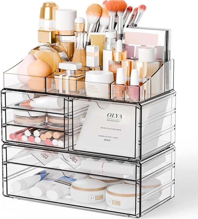 Yieach Acrylic Make up Organizers for Counter,Desk and Vanity,3 Pack Stackable Bathroom Counter Organizer with Drawers,Large Clear Makeup Organizers and Storage for Skincare,Cosmetic,Beauty Products