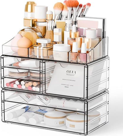 Yieach Acrylic Make up Organizers for Counter,Desk and Vanity,3 Pack Stackable Bathroom Counter Organizer with Drawers,Large Clear Makeup Organizers and Storage for Skincare,Cosmetic,Beauty Products