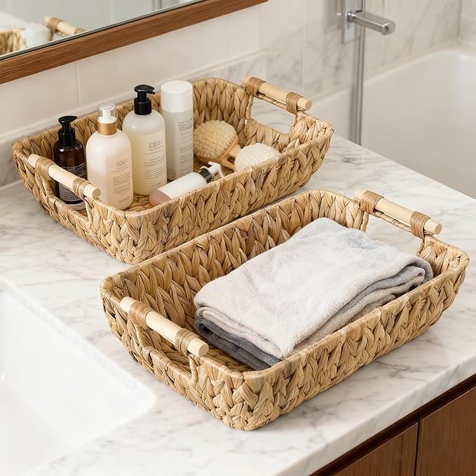 2 Pack Wicker Storage Baskets with Wooden Handles, Large Water Hyacinth Basket for Organizing Shelves, Natural Woven Storage Baskets for Snack, Gift