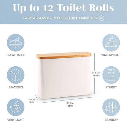 LONBET Toilet Paper Storage for 12 Rolls, Stackable & Foldable - The Ultimate Bathroom Organizer - Waterproof Basket with Bamboo Lid - Elegant Toilet Paper Storage Holder, Beige