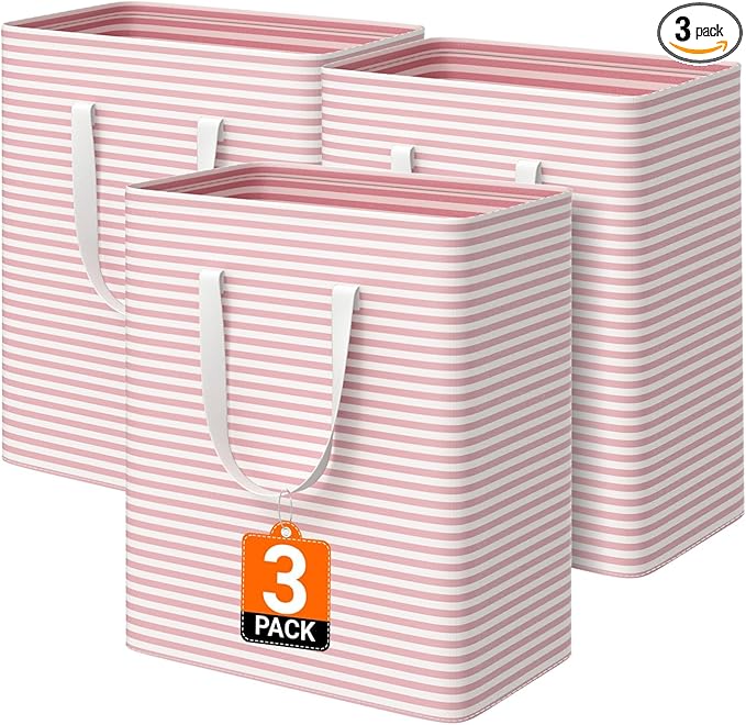 3 Pack Large Laundry Basket,Waterproof & Freestanding Laundry Hamper,Collapsible Clothes Hampers with Easy Carry Long & Reinforced Handles in Bathroom,College Dorm(100Lx3,Pink)