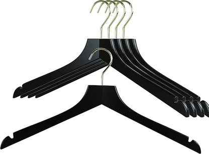 MAWA by Reston Lloyd, European Wooden Hanger, Beech Wood Straight Hanger with Shoulder Notches, Rotating Gold Hook, Black Finish, for Shirts, Blazers, Dress Clothes, Set of 5 (27115)