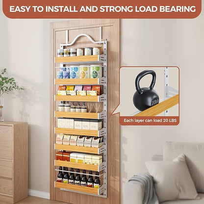 8-Tier Spice Rack Wall Mount, Heavy-Duty Over the Door Pantry Organizer with Wooden Adjustable Basket, 2 IN 1 Wall Mount or Hanging Pantry Door Organizer, Door Spice Rack for Home, White