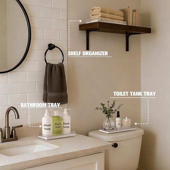 Bathroom Vanity Tray for Countertop, 12" x 6" Oak Wood Toilet Tank Tray with Metal Guardrail, Bathroom Organizer for Soap, Perfume & Skincare, Non-Slip Decorative Tray for Dresser, Sliver & White
