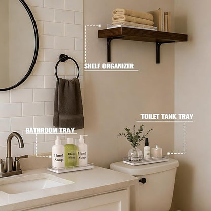 Bathroom Vanity Tray for Countertop, 12" x 6" Oak Wood Toilet Tank Tray with Metal Guardrail, Bathroom Organizer for Soap, Perfume & Skincare, Non-Slip Decorative Tray for Dresser, Sliver & White