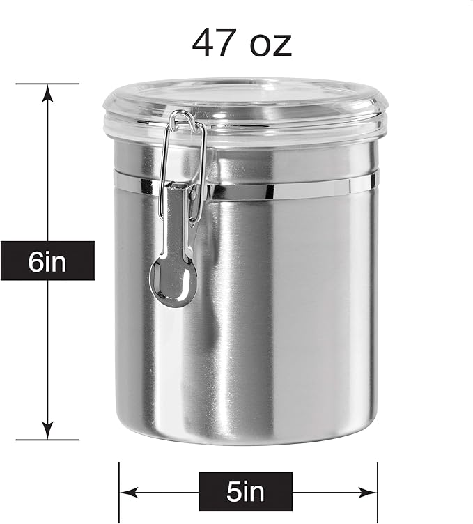 OGGI Stainless Steel Kitchen Canister 47oz - Airtight Clamp Lid, Clear See-Thru Top - Ideal for Kitchen Storage, Food Storage, Pantry Storage. Large Size 5" x 6"
