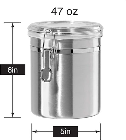 OGGI Stainless Steel Kitchen Canister 47oz - Airtight Clamp Lid, Clear See-Thru Top - Ideal for Kitchen Storage, Food Storage, Pantry Storage. Large Size 5" x 6"