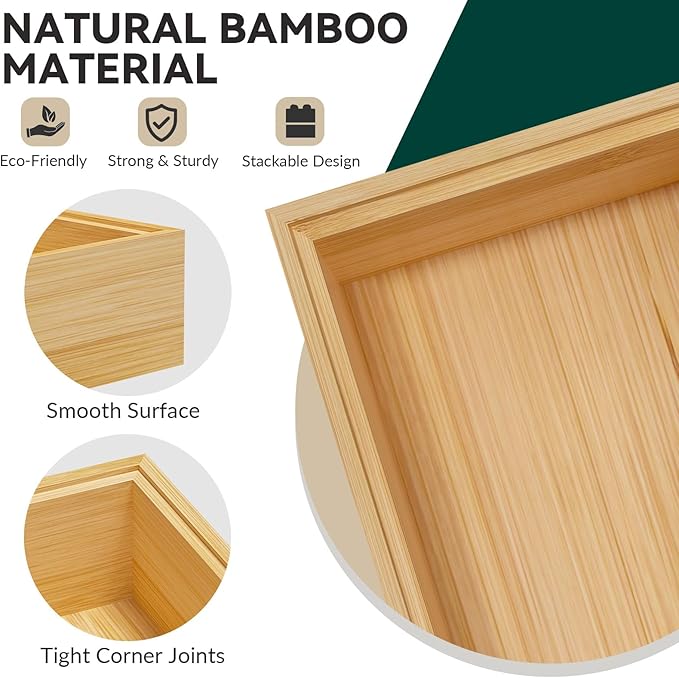 Lixple Bamboo Drawer Organizer for Kitchen & Bath, Extra Large Stackable Tray for Silverware, Toiletries & Utensils, 2 Pcs, 17" x 6" x 2" (Outer), 16.3" x 5.3" x 1.77" (Inner)