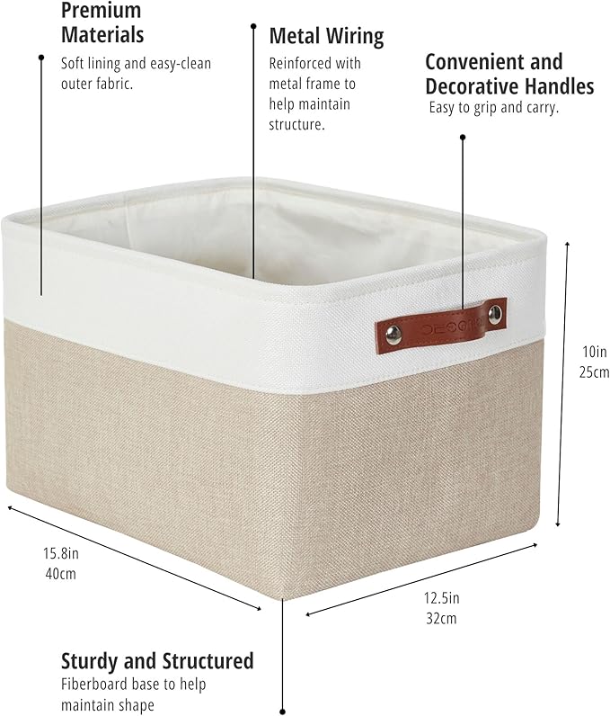 DECOMOMO Storage Bins, Extra Large Fabric Storage Baskets for Shelves, Decorative Linen Closet Organizer, 15.8 x 12.5 x 10 inches (Beige & White, 3 Pack)