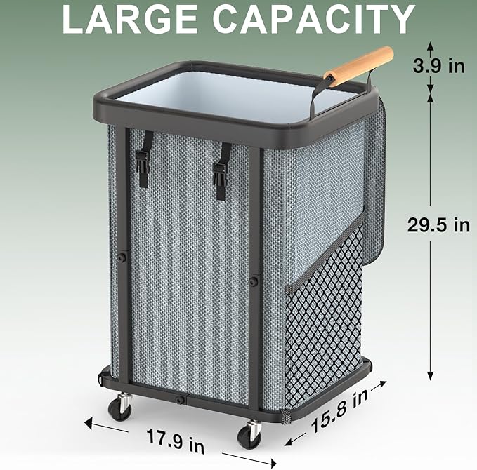 150L (40 Gal) Extra Large Fashion Laundry Basket with Wheels, Rolling Basket Hamper with Handle, Organizer Storage Cart with Sturdy Metal Frame for Laundry Room - Gray