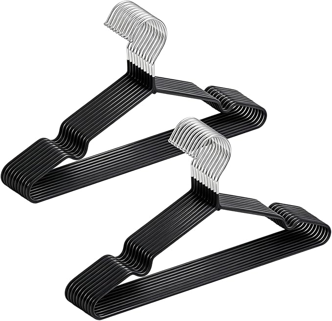 Amber Home 20 Pack Black Rubber Coated Metal Coat Hangers, 16" Non-Slip Clothes Hangers, Metal Hangers with Round Notches for Suit, Jacket, Shirt, Dress & Pants (Black)