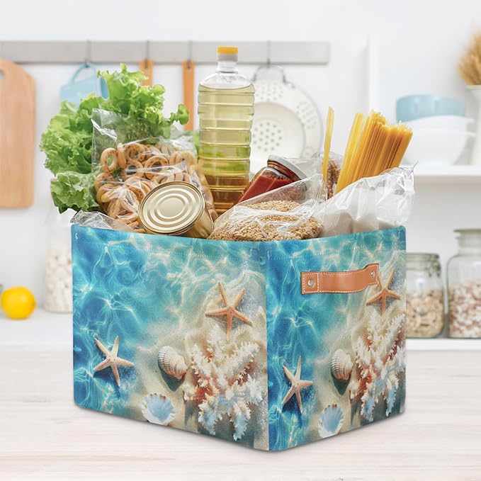 AUUXVA Storage Basket Tropical Sea Beach Starfish Seashell Storage Cube Box Durable Canvas Collapsible Toy Basket Organizer Bin with Handles for Shelf Closet Bedroom Home Office