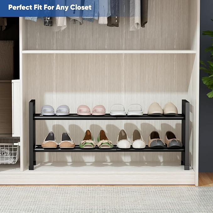 Abiglifty 2-Tier Expandable Shoe Rack,17"-33" Adjustable Shoe Rack for Closet,Metal Shoes Shelves for Front Door Entrance, Garage & Corridor, Free Standing Shoe Holders, Easy to Assemble,Black