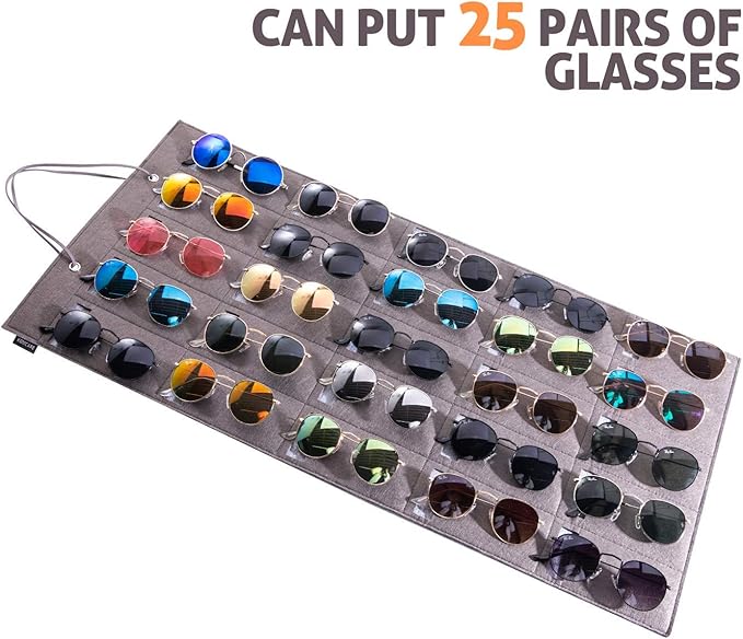 Sunglasses Organizer Storage- Hanging Eyeglasses Wall Pocket Mounted,Eyewear Display,25 Slots (Black, Large)