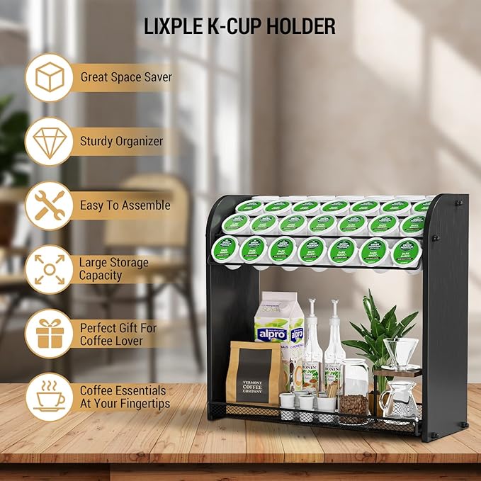 Lixple K Cup Pod Holder for Countertop – Pod Organizer & Coffee Bar Accessory for Home or Office, Easy to Assemble (Black)