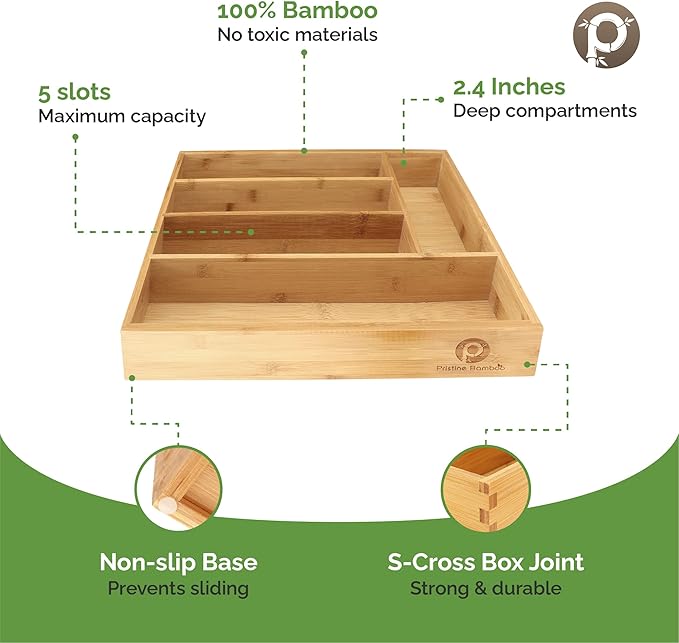 Pristine Bamboo Silverware Organizer - Small Extra-Deep Wooden Kitchen Drawer Organizer Divider for Spoons, Forks, Knives & Cutleries - 5 Slots