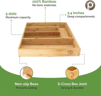 Pristine Bamboo Silverware Organizer - Small Extra-Deep Wooden Kitchen Drawer Organizer Divider for Spoons, Forks, Knives & Cutleries - 5 Slots