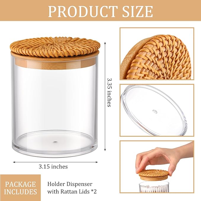 2 Pack Cotton Ball Holder Cotton Pad Holder with Rattan Lids Bathroom Container 10 oz Clear Plastic Apothecary Jar Containers Vanity Canisters Jars Accessories Set for Floss