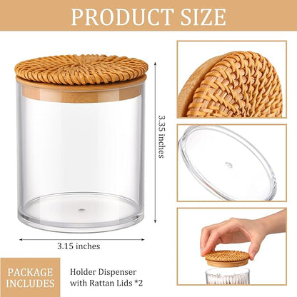 2 Pack Cotton Ball Holder Cotton Pad Holder with Rattan Lids Bathroom Container 10 oz Clear Plastic Apothecary Jar Containers Vanity Canisters Jars Accessories Set for Floss