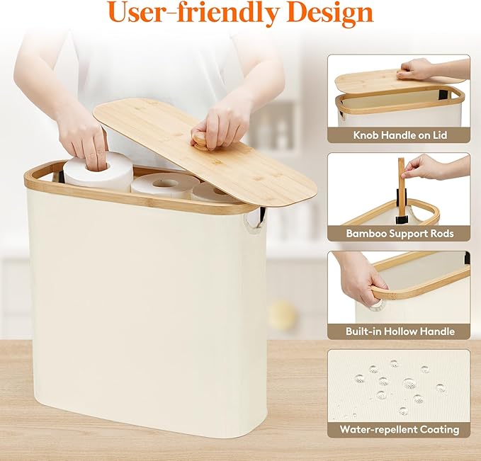 Lifewit Toilet Paper Storage Holder for 12 to 16 Rolls, Free Standing Toilet Paper Basket Stand with Bamboo Lid, Collapsible Fabric Bathroom Organizer Box for Mega Rolls, 30L, Extra Large, White