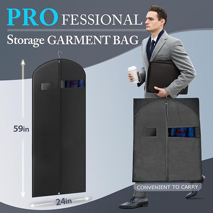 Hleelomi 5 Pack 60-inch Suit Bag Garment Bag for Travel and Storage, Garment Bags for Hanging Clothes with Zipper and Visible Transparent Window, Black