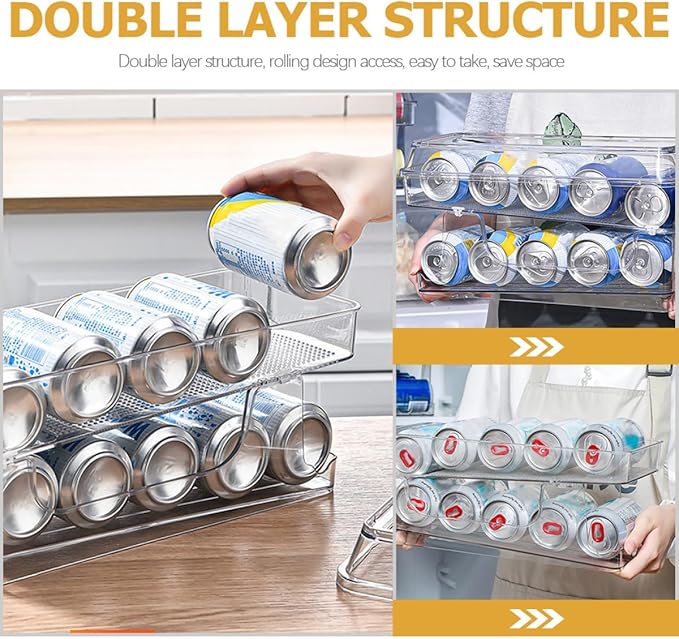 OSALADI Double-layer Soda Can Organizer Dispenser, Stackable Plastic Can Holder with Auto-rolling Function for Fridge and Home Kitchen Storage