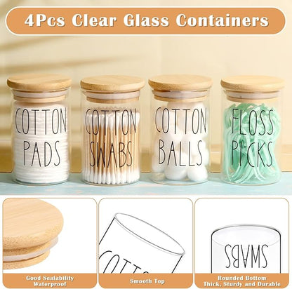ROADPLUM Qtip Holder Bathroom Set, 4 Pack 10 oz Glass Bathroom Jars with Lid, Glass Organizers/Canisters/Apothecary Jars for Q-tip, Cotton Ball, Floss Pick and Makeup Storage