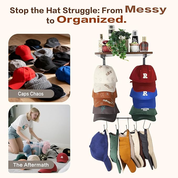 Keebofly Wall Hat Rack with Shelf, Multi-function Baseball Cap Organizer & Holder with 12 Hooks，Displays & Stores 60+ Caps, Multi-Level Wall Mount Hat Organizer Stand for Closet, Entryway, Bedroom