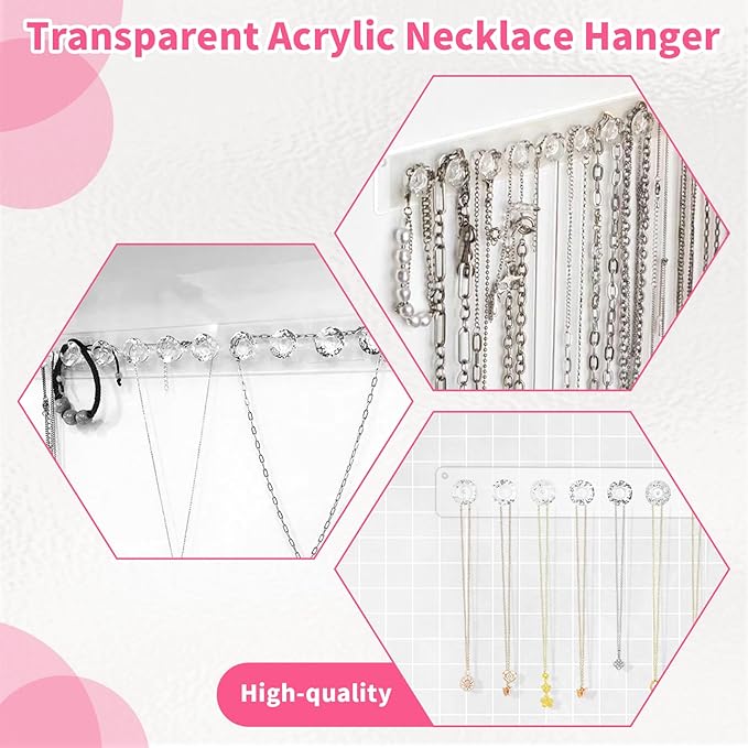 4Pcs Acrylic Necklace Holder Wall,Clear Necklace Hanger with 12 Hook for Girls Women,Easy Install Necklace Hanger Wall Mount Jewelry Organizer wall mount for Necklaces, Bracelets, Chains
