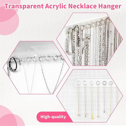 4Pcs Acrylic Necklace Holder Wall,Clear Necklace Hanger with 12 Hook for Girls Women,Easy Install Necklace Hanger Wall Mount Jewelry Organizer wall mount for Necklaces, Bracelets, Chains