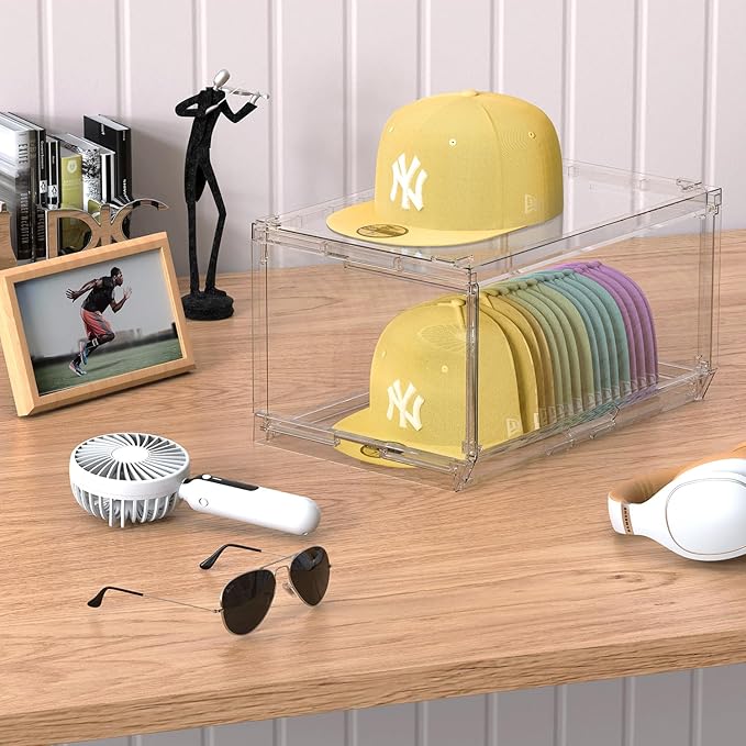 SCAVATA 4 Pack Large Hat Organizer Box, Stackable Clear Baseball Caps Holder Box Containers with Sliding Door for Hats Snapback Cap Storage, Hat Rack Display Case, Holds 20 Hats Each - Clear