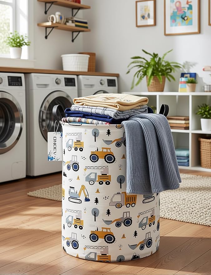 Round Construction Truck Collapsible Laundry Hamper for Nursery,Cute Forest Vehicles Excavator Toy Storage Bin for Kids Boys,Storage Basket for Home,Bedroom,Playroom,New Parent Gift(Excavator)