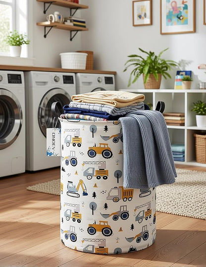 Round Construction Truck Collapsible Laundry Hamper for Nursery,Cute Forest Vehicles Excavator Toy Storage Bin for Kids Boys,Storage Basket for Home,Bedroom,Playroom,New Parent Gift(Excavator)