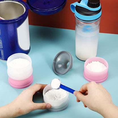 Baderke 2 Pcs Protein Powder Container with Funnels Stand, 4 Stackable Leakproof Protein Powder Dispenser, Portable Keychain Powder Container for Workout, Fitness, Travel(Pink, White)