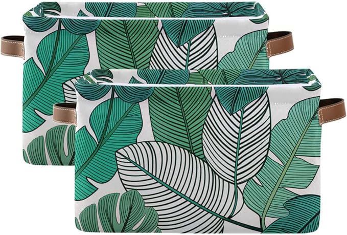 Tropical Leaves Bin - Large Storage Basket for Home Office, 15x11x9.5inch, 2PACK