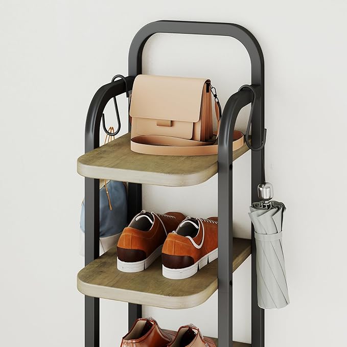 6 Tier Vertical Shoe Rack, Adjustable Shelves, Tall Wooden Narrow Shoe Rack with Hooks for Small Space Entryway Living Room